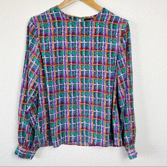 Vintage Notations Abstract Geometric Print Plaid Blouse Size 10 Maximalist 90's - Picture 1 of 10